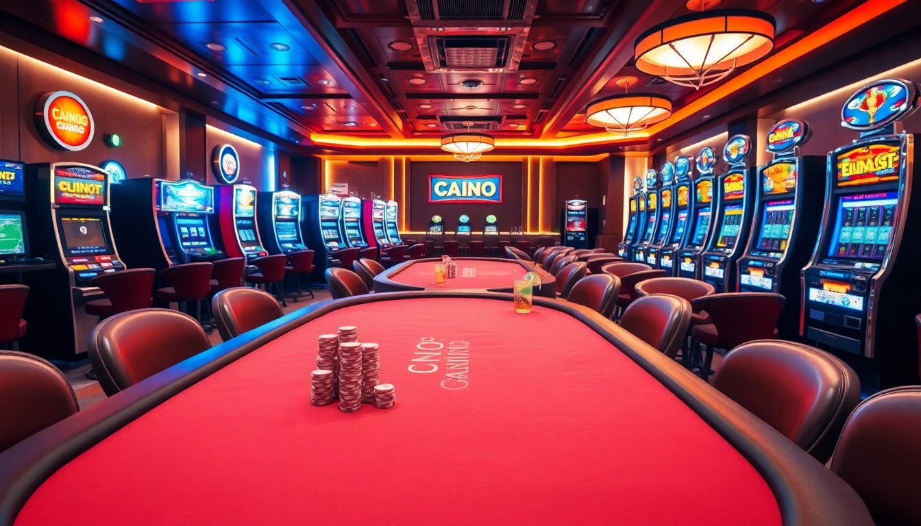 Jouer à casino en ligne avec des machines à sous et des tables de poker colorées en arrière-plan.