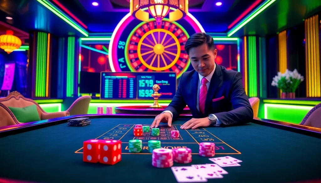 Engaging scene of Tài Xỉu MD5 gameplay with vibrant casino elements showcasing excitement and strategic betting.