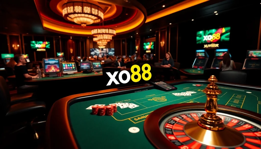 Engaging gambling action at xo88 casino, featuring vibrant games, chips, and a roulette wheel.