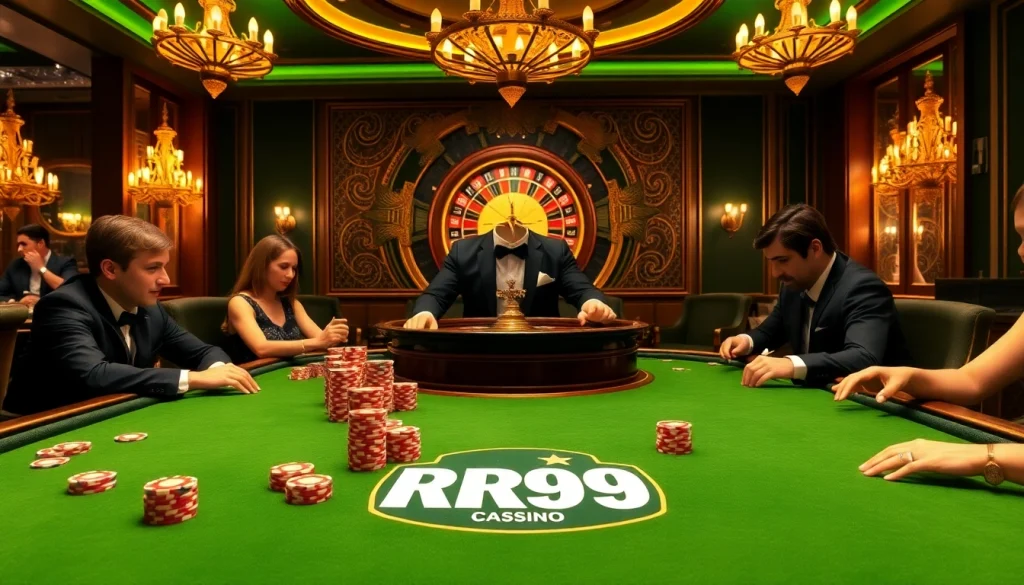 RR99 casino scene showcasing a luxurious poker table with players and roulette wheel, capturing the thrill of gambling.