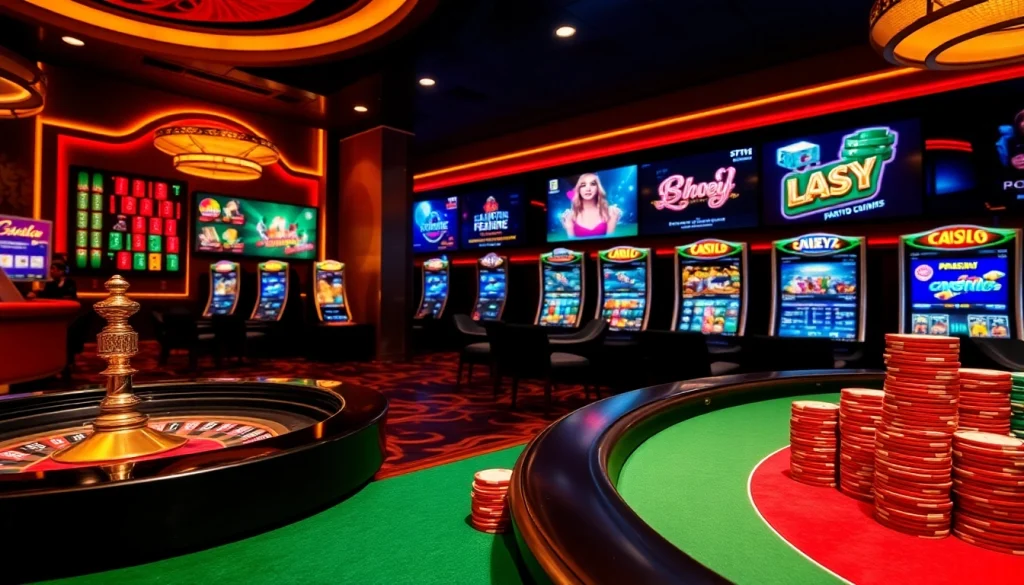 Scène excitante des nouveaux casino en ligne avec des tables de poker et des machines à sous vibrantes.