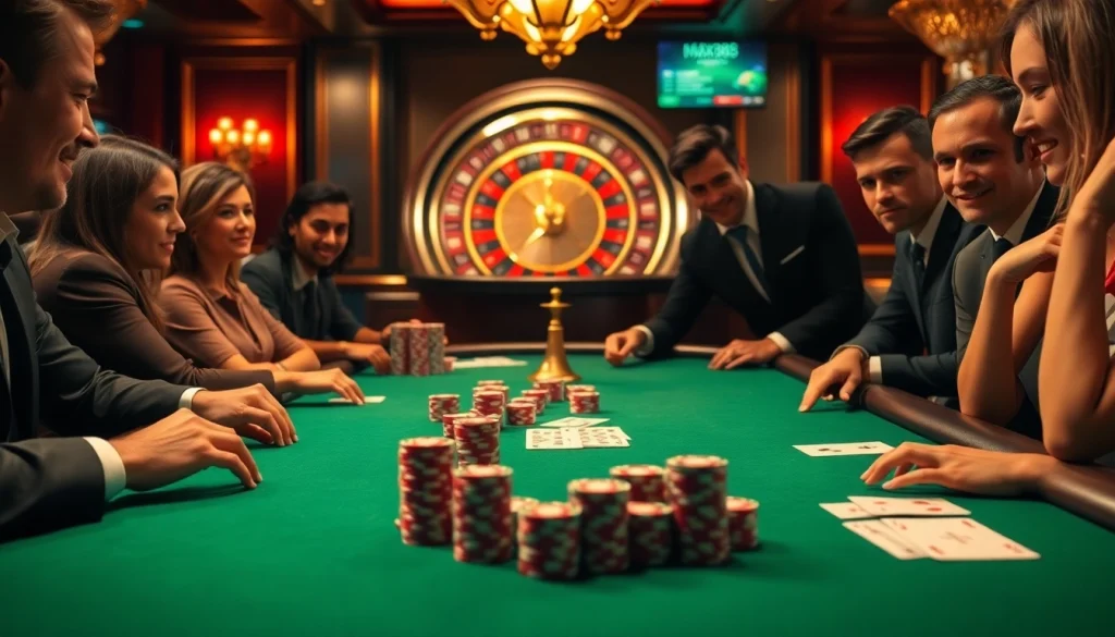 Engaged players at a luxurious poker table featuring elements from https://max88.bz/ amid an exciting casino atmosphere.