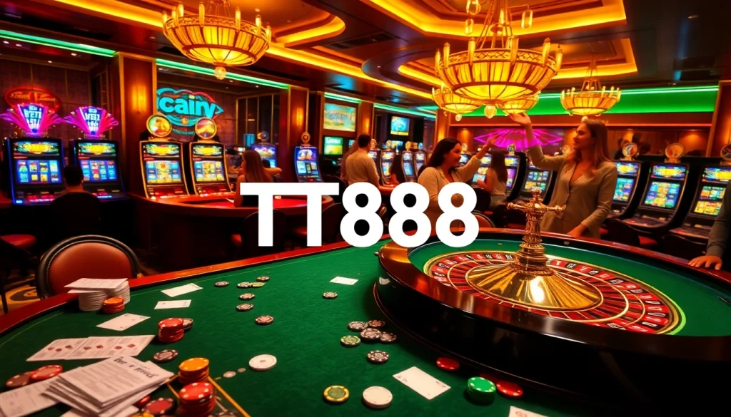 Excited players enjoying TT88 slots and casino games under vibrant lights