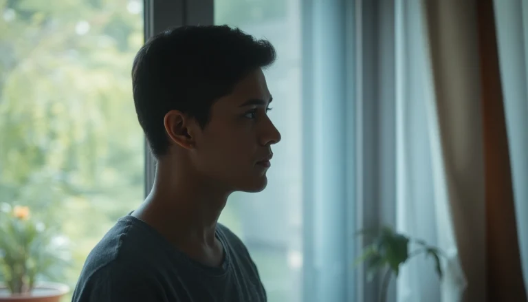 Individual reflecting on depression symptoms while gazing out a window in serene surroundings.