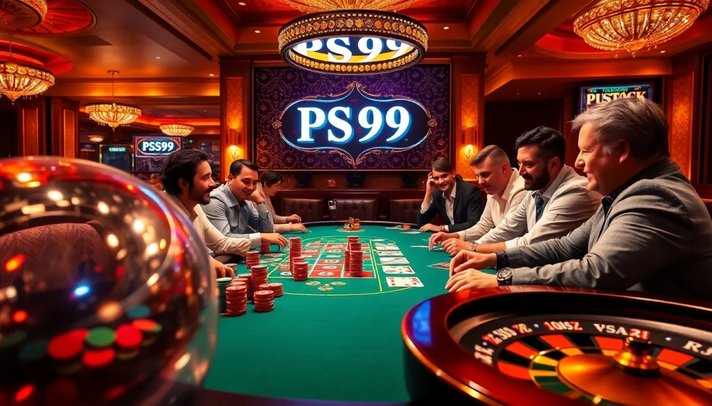 Players enjoying a thrilling game at PS99 casino, showcasing poker chips and cards during high-stakes action.