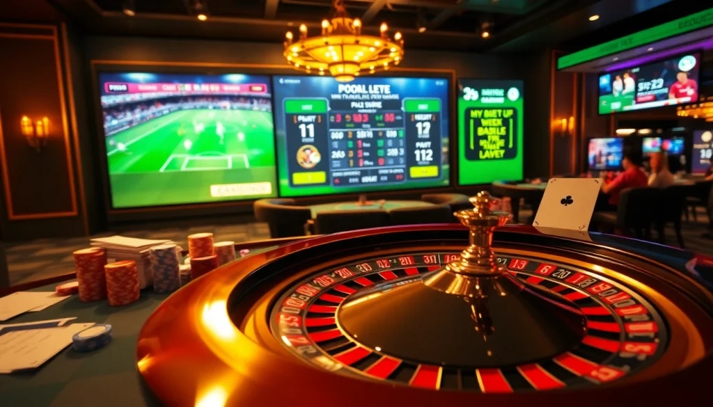 Lively casino scene featuring live football betting from https://luongsontv23.com/, roulette wheel, and poker chips.