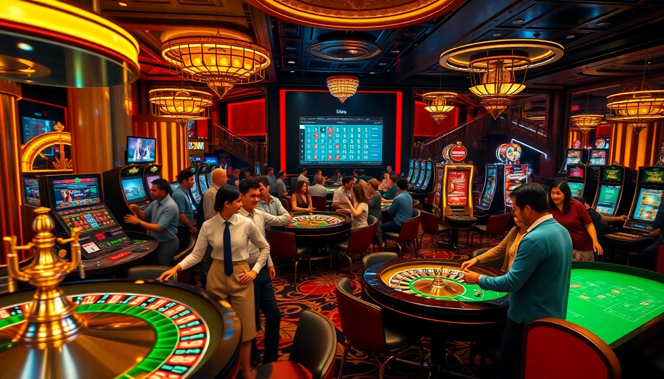 Joueurs engagés profitant d'une atmosphère animée dans un casino en ligne Français, avec des jeux de roulette et de poker.