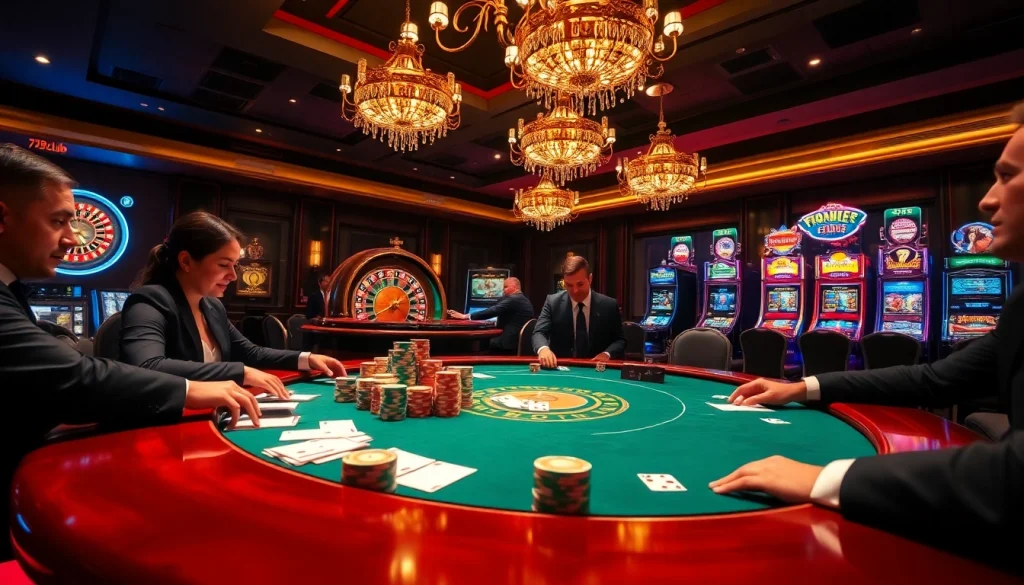 Excited gamblers strategizing at the poker table in 789club's luxurious casino setting.