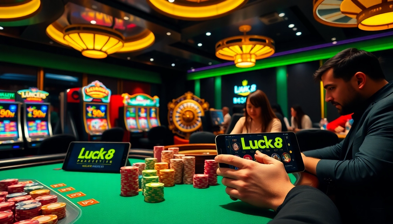Experience excitement at luck8 with players engaging at casino tables and vibrant slot machines.