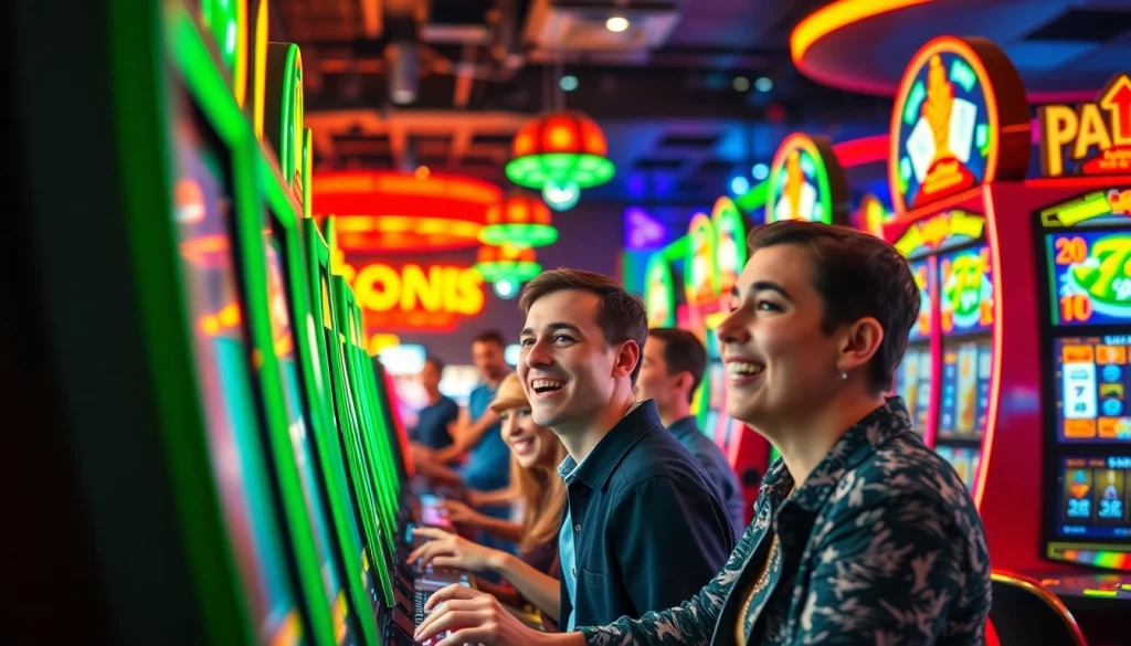 La scène de casino en ligne présente des joueurs engagés sur des machines à sous colorées.