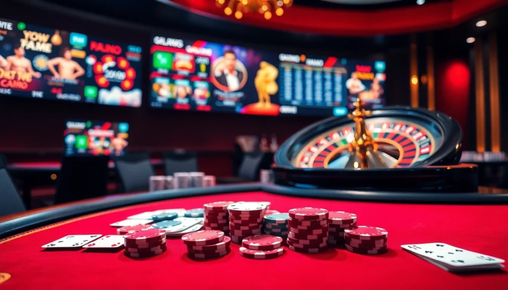 Scène engageante d'un casino en ligne français avec des jetons de poker vibrants, des cartes et une roulette.