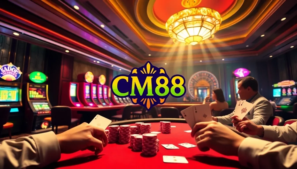 Engage in thrilling casino action featuring CM88 with glowing slot machines and vibrant poker tables.