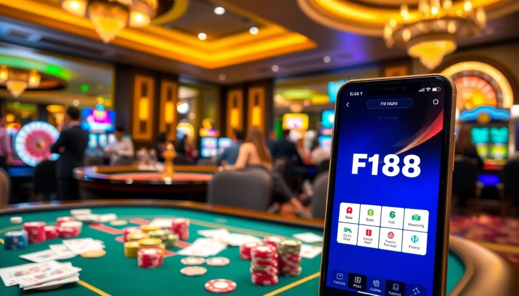 Engaging casino scene highlighting F168 app for mobile gambling with vibrant gaming elements.