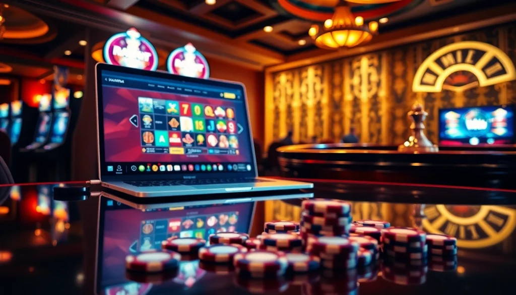 Engaging scene of online play at a casino en ligne Français with poker chips and vibrant slot machines.