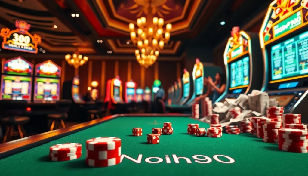A lively Nohu90 casino scene with poker chips, slot machines, and players celebrating wins.