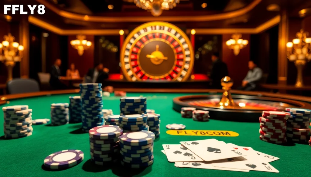 Experience thrilling gameplay at FLY88COM with poker chips and cards on a luxurious casino table.