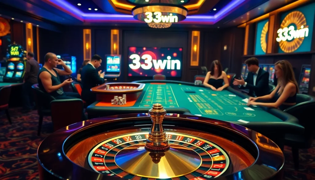Exciting gambling scene at 33win featuring roulette, poker chips, and engaged players.