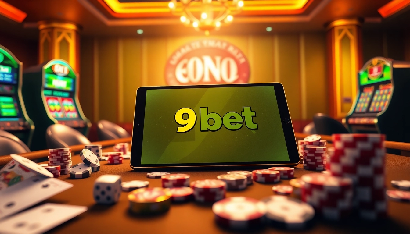 Experience excitement in casinos with 9bet's vibrant online gaming scene filled with cards and slot machines.