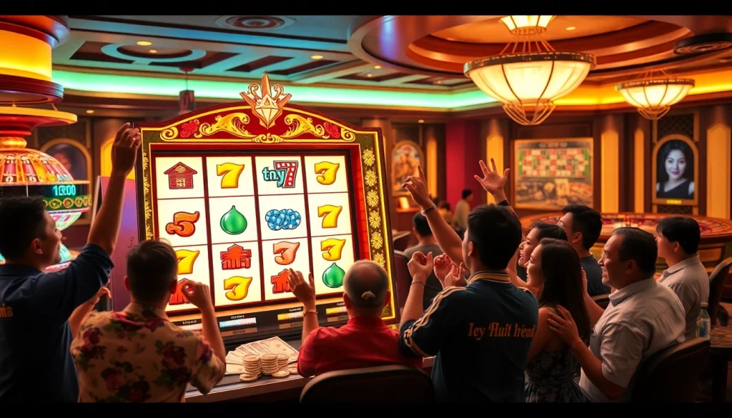 Gambling excitement with players celebrating a nổ hũ jackpot win at a bright slot machine.