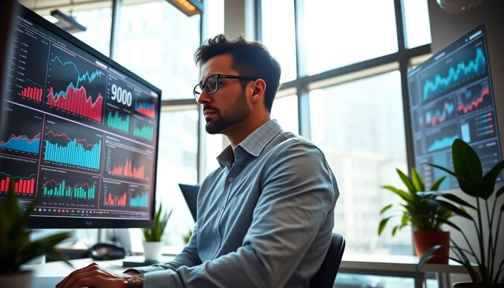 A media buyer analyzing data trends in a bright office, showcasing professionalism.