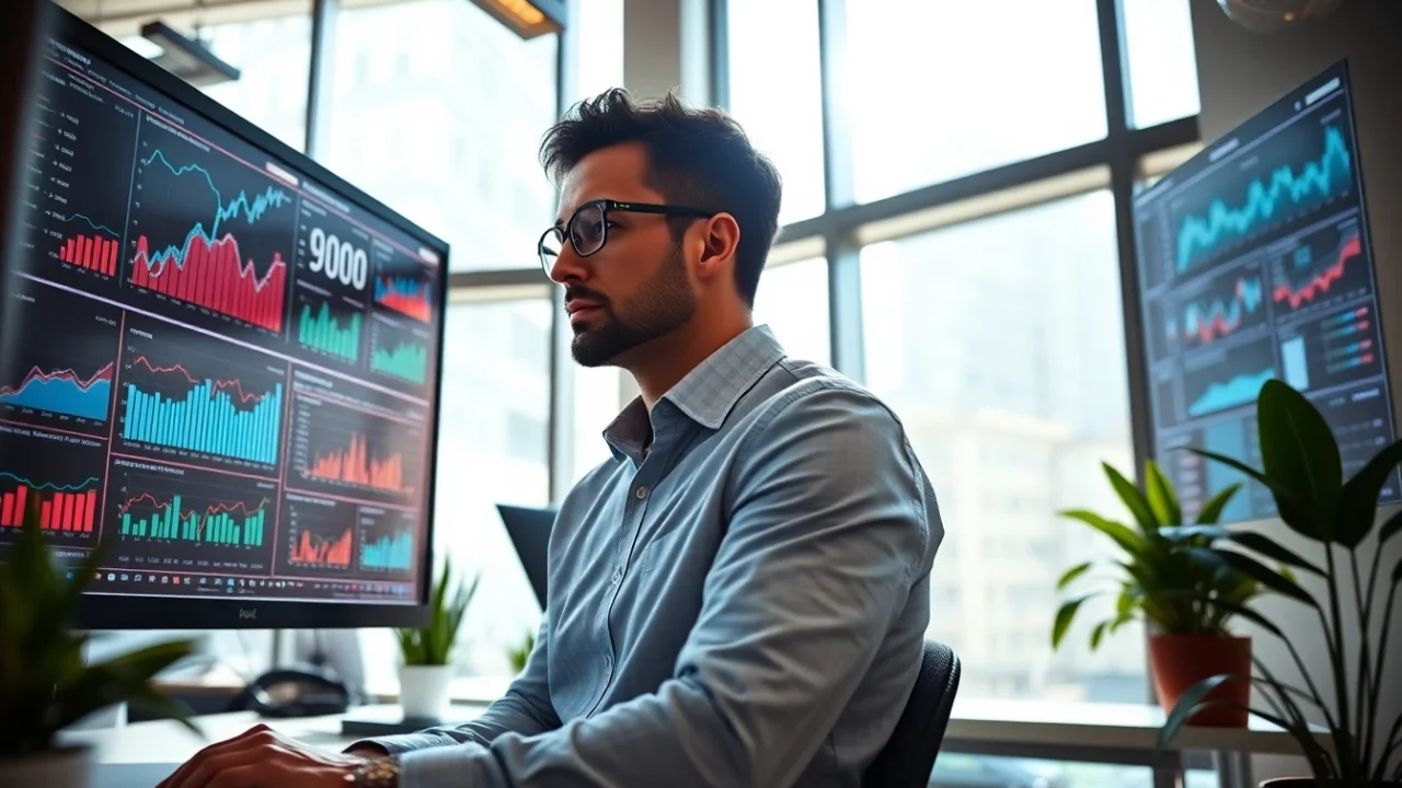 A media buyer analyzing data trends in a bright office, showcasing professionalism.