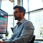 A media buyer analyzing data trends in a bright office, showcasing professionalism.