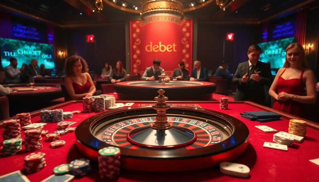 Join players engaged in thrilling casino action at a table featuring debet-themed betting elements.
