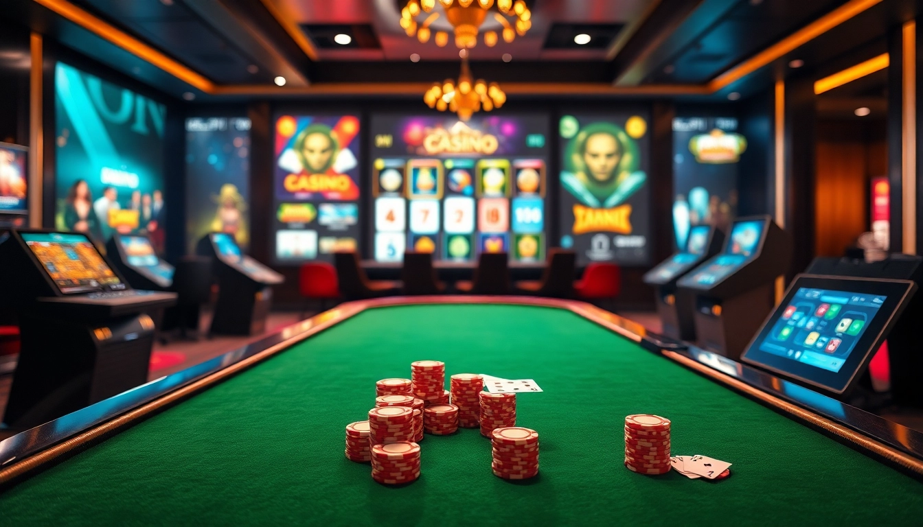 Casino en ligne interactif avec des jeux de cartes et des jetons colorés sur une table élégante.
