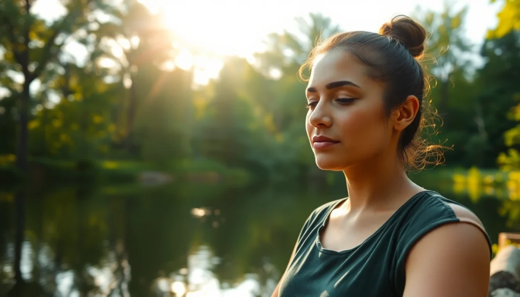 Sobriété symbolisée par une personne méditant près d'un lac apaisant.