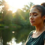 Sobriété symbolisée par une personne méditant près d'un lac apaisant.