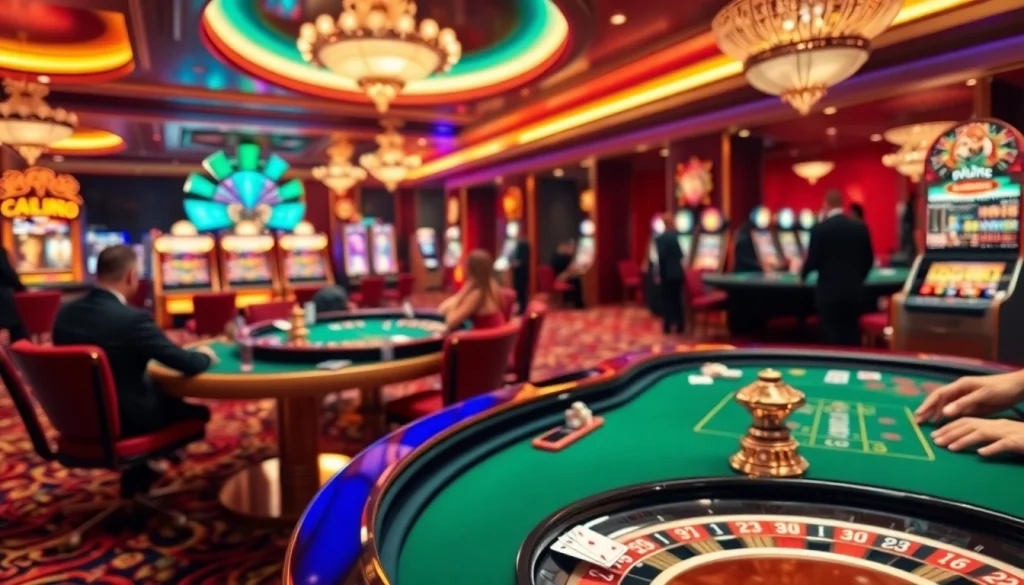 Scène passionnante de casino en ligne Français avec des tables vibrantes, des machines à sous et une atmosphère de jeu professionnelle.