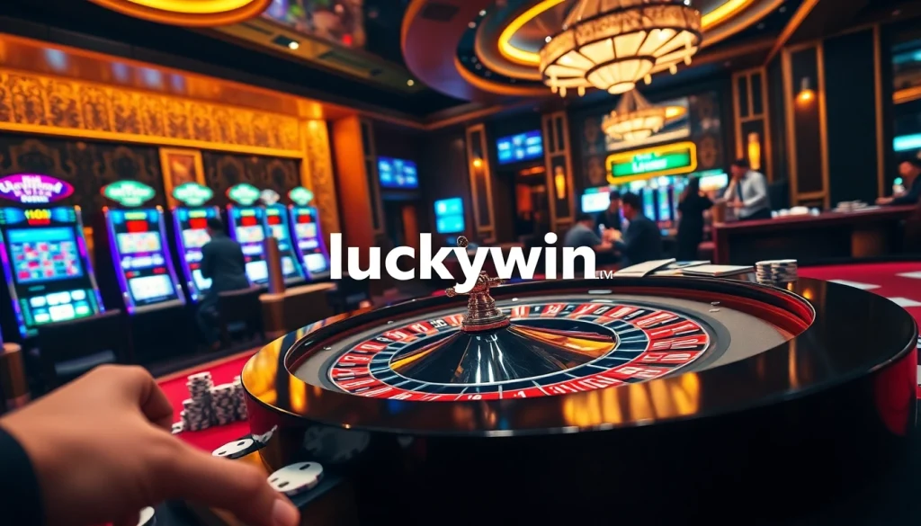 Players celebrate their wins at the luxurious luckywin casino tables, showcasing vibrant roulette and slot machines.