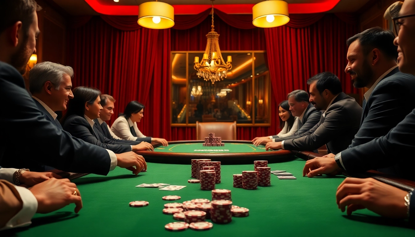 Joueurs concentrés à une table de poker dans un casino en ligne vibrant d'énergie.