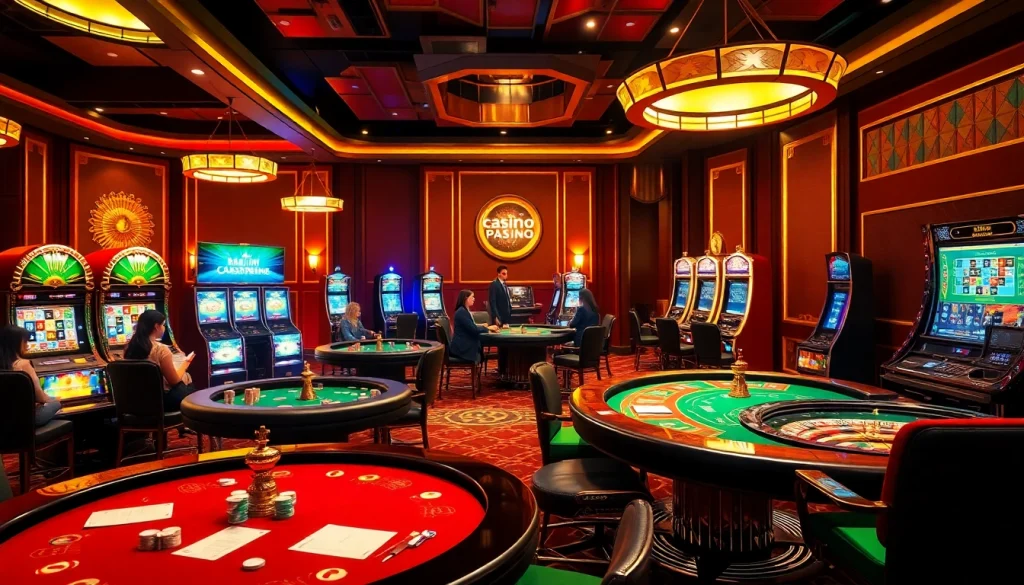 A vibrant casino en ligne Français scene showcasing poker tables, slot machines, and roulette wheels, inviting gamblers to enjoy the excitement.