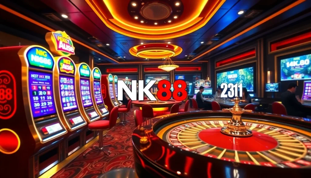 Players enjoying the NK88 online casino gaming experience with vibrant slot machines and poker tables.