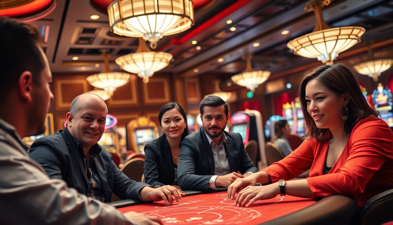 Joueurs passionnés à une table de casino en ligne au cœur d'un cadre luxueux.