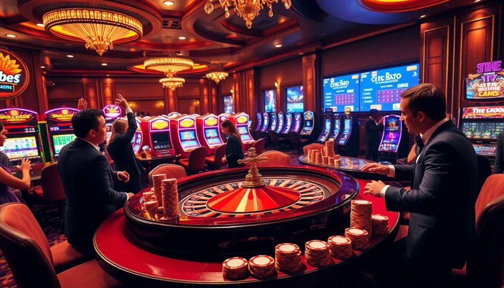 Engaging players at a luxurious tg88 casino table, featuring vibrant slot machines and poker chips.