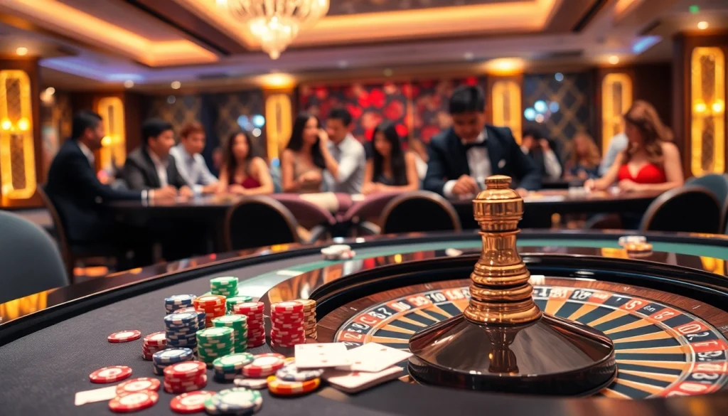 KJC group showcasing a vibrant casino scene with players at a luxurious table, highlighting excitement in gambling.