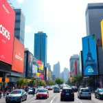 Renta de Espectaculares en Guadalajara atrayendo atención con vibrantes cartelones y una escena urbana animada.