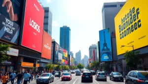 Renta de Espectaculares en Guadalajara atrayendo atención con vibrantes cartelones y una escena urbana animada.