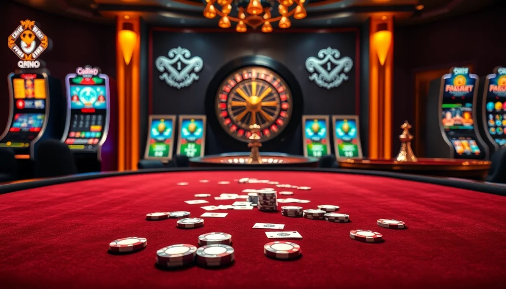 Experience the excitement of QQ88 with a luxurious casino scene featuring poker, roulette, and vibrant slots.