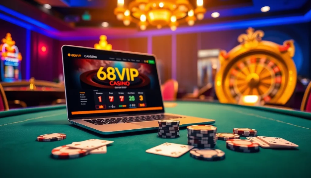 Engage with exciting gameplay at Link Vào Nhà Cái 68VIP, featuring a poker table and vibrant online gambling interface.
