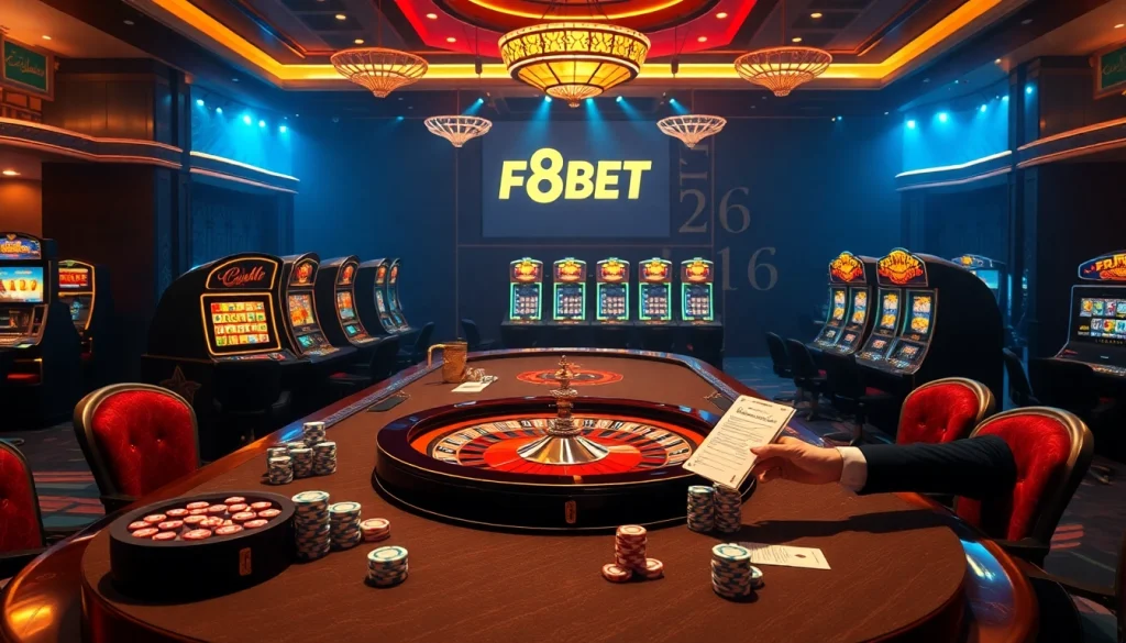 Exciting F8BET online casino scene with elegant tables and vibrant slot machines.