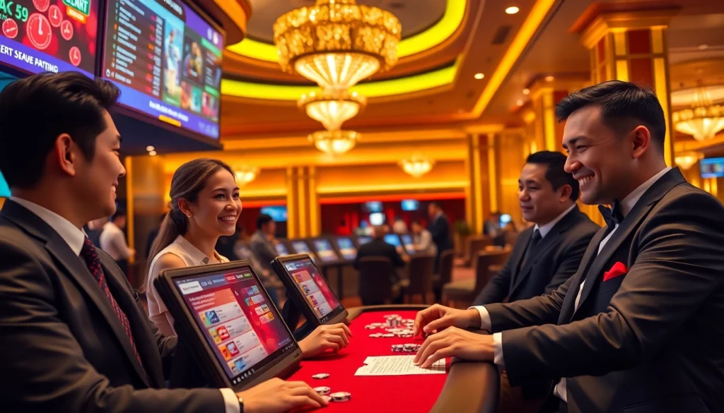 Experience the excitement of kèo bóng đá as gamblers engage in football betting at a luxurious casino.