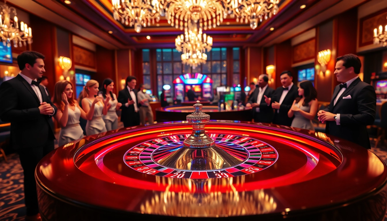 Vibrant casino en ligne atmosphere with players enjoying roulette in luxury.