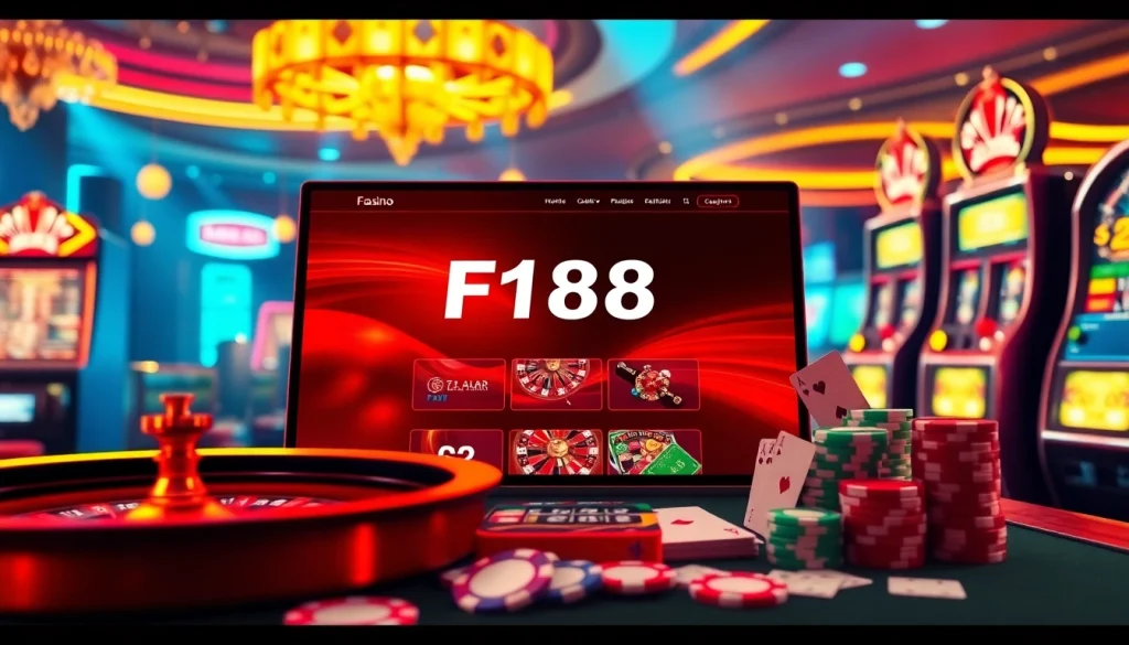 F168 casino interface with roulette and poker chips in a vibrant casino setting.