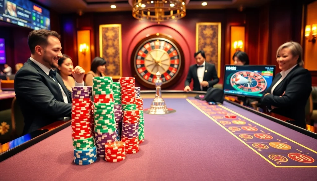MM88 casino players enjoying a vibrant gaming table experience with exciting chips and roulette wheel.