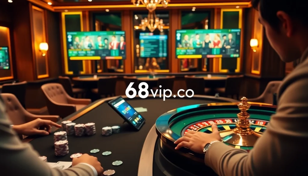 Exciting online casino gameplay at https://68vip.co/ featuring poker chips and a roulette wheel.