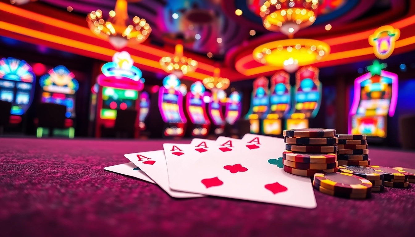Gagnez au casino en ligne avec des cartes élégantes et des jetons dans un environnement lumineux.