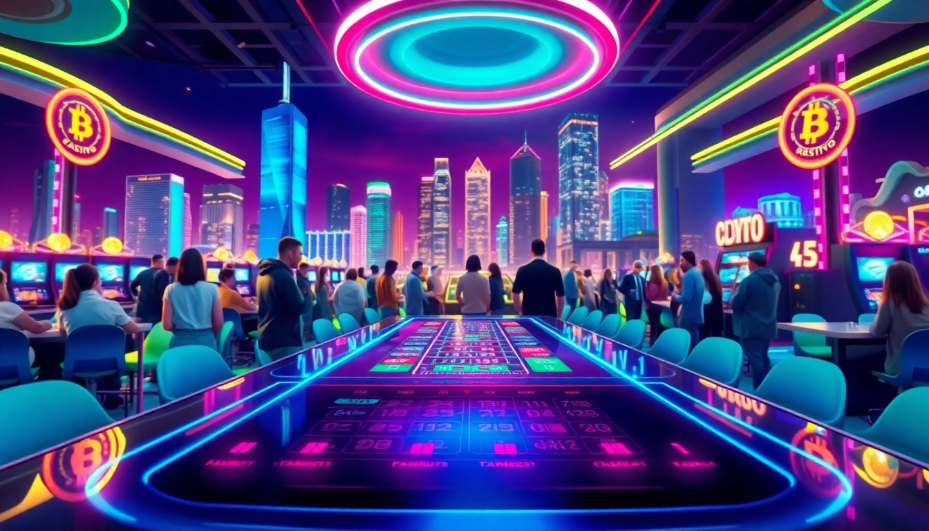 Plongez dans l'excitation d'un crypto casino moderne avec des lumières vives et des joueurs engagés.